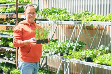 Orta yaşlı bahçıvan bahçe merkezinde bitki satın alıyor.