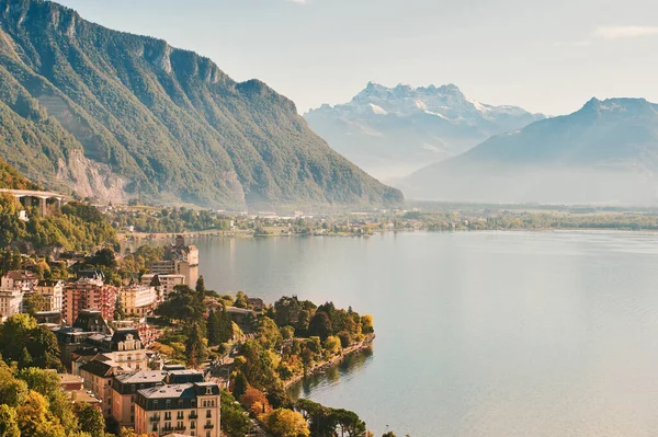 Letni Krajobraz Miasta Montreux Szwajcaria Kanton Vaud Widok Góry — Zdjęcie stockowe