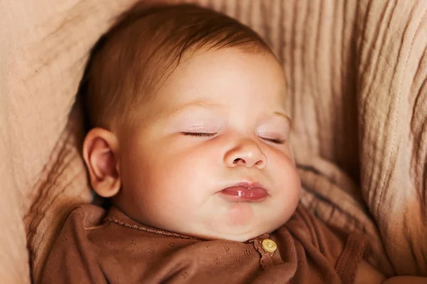 Close Portrait Sweet Baby Sleeping Buggy Warm Light — Stock Photo, Image