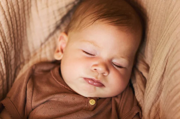 Close Portrait Sweet Baby Sleeping Buggy Warm Light — Stock Photo, Image