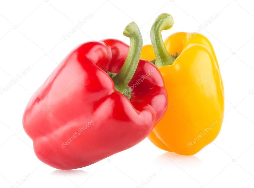 Red and yellow bell peppers isolated on white background