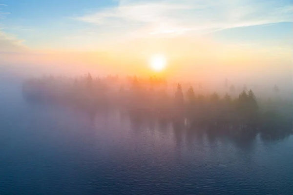 白俄罗斯 Yelnya 沼泽雾蒙蒙的早晨空中拍摄 — 图库照片