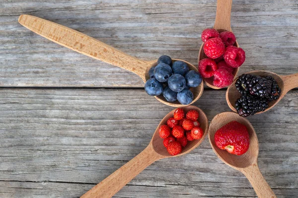 Ripe berries in wooden spoons — Stock Photo, Image