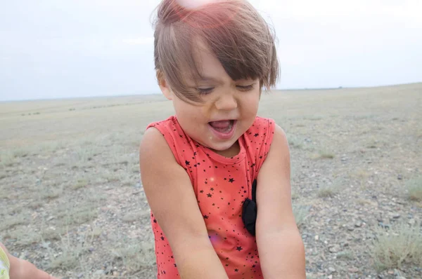 Meisje Gelukkig Lachend Grote Landschap Omgeving Kind Emotioneel Met Expressie — Stockfoto