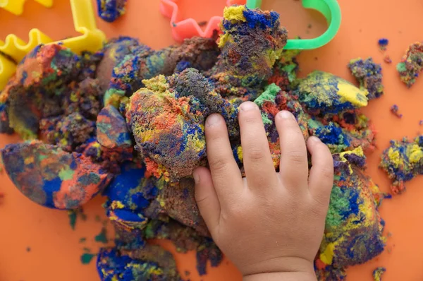 Hand Child Playing Multicolored Kinetic Sand Children Activity Game Toy — Stock Photo, Image