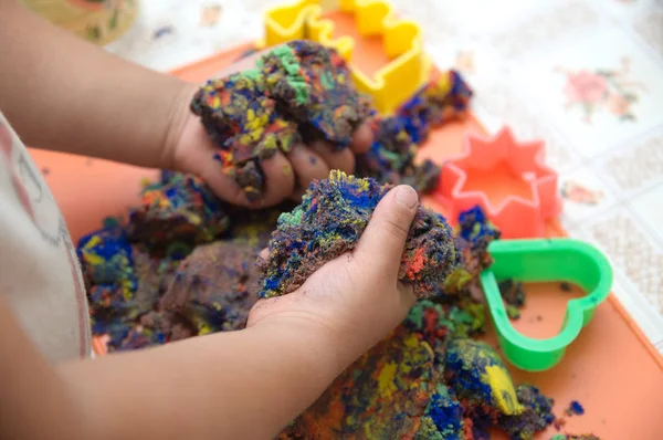 Child Hands Playing Multicolored Kinetic Sand Children Activity Game Toy — Stock Photo, Image