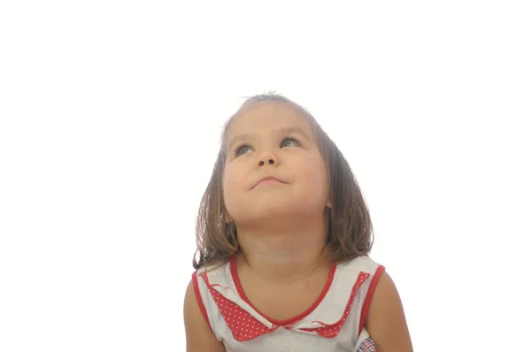 Uma Menina Sonhar Criança Retrato Olhando Para Cima Feliz Sorrindo — Fotografia de Stock