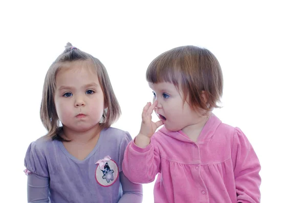 Zwei Kleine Mädchen Glücklich Miteinander Reden Porträt Isoliert Auf Weißem — Stockfoto