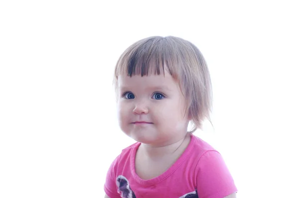 Pequena Menina Retrato Isolado Fundo Branco Feliz Sorrindo Bonito Rosto — Fotografia de Stock