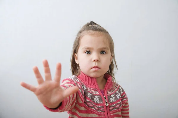 Stop Sign Kids Palm Saying Stop Hands Front Himself Suspend — Stock Photo, Image