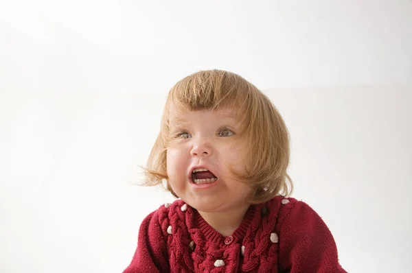 Happy Funny Little Girl Emotional Playing Cute Caucasian Blond Baby — Stock Photo, Image