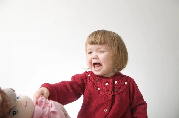 Happy Funny Little Girl Emotional Playing Cute Caucasian Blond Baby — Stock Photo, Image