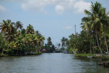 KERALA, Hindistan - CIRCA ECTOBER 2017: Tuzlu su gölleri, göller, kanallar ve nehirlerden oluşan durgun bir ağ