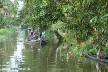 KERALA, Hindistan - CIRCA ECTOBER 2017: Tuzlu su gölleri, göller, kanallar ve nehirlerden oluşan durgun bir ağ