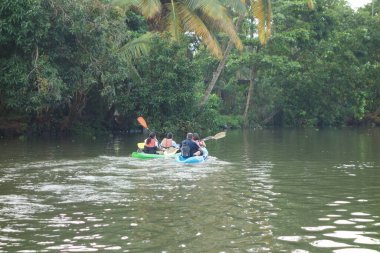 KERALA, Hindistan - CIRCA ECTOBER 2017: Tuzlu su gölleri, göller, kanallar ve nehirlerden oluşan durgun bir ağ