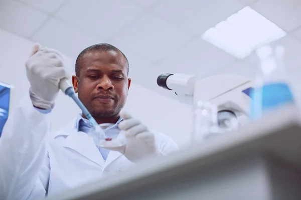 Умный афро-американский исследователь делает анализ крови — стоковое фото