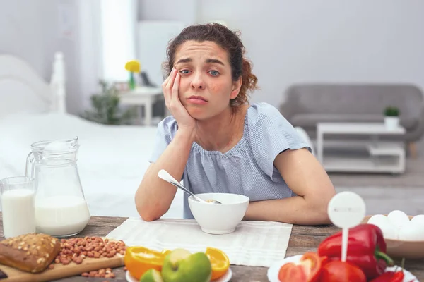 Poor Appetite Adolescent Lady Dinner Table Looking Uninterested Her Meal — Stock Photo, Image