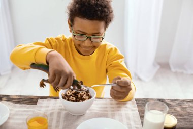 Neşeli çocuk oyuncak dinozor tahıl beslenme üstten görünüm