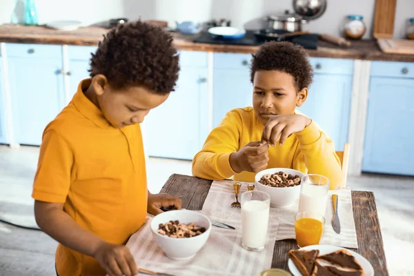 Angenehme kleine Jungen begutachten ihr Müsli zum Frühstück — Stockfoto