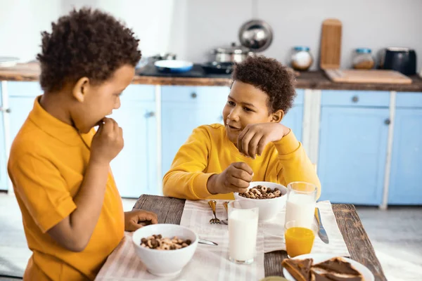 Niños rizados charlando mientras comen cereales — Foto de Stock
