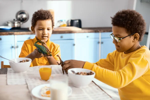 Angenehme kleine Jungen spielen beim Frühstück mit Spielzeug — Stockfoto