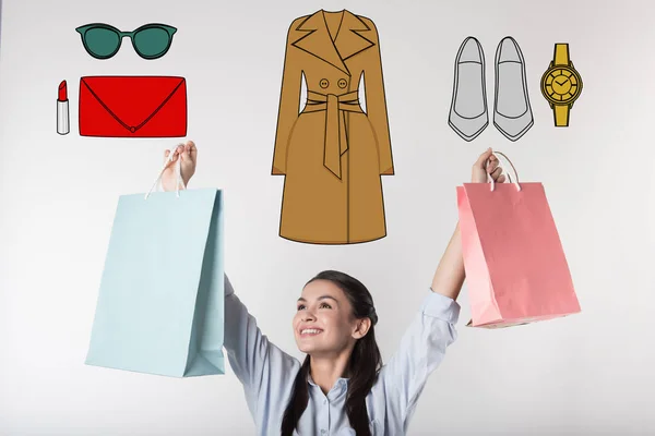 Secretaria emocional sintiéndose feliz al comprar ropa para el trabajo — Foto de Stock