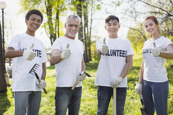 Empat relawan ceria meningkatkan lanskap taman — Stok Foto