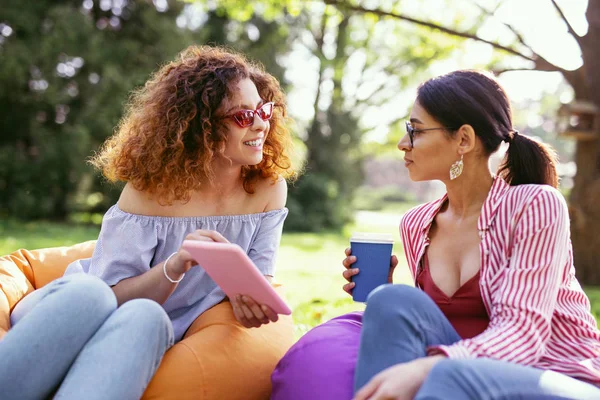 Delighted girls talking and relaxing — Stock Photo, Image