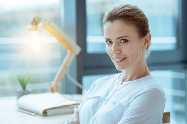 Portrait of delighted woman that being pleased — Stock Photo, Image