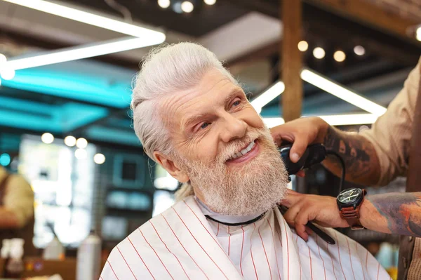 Pleased Atmosphere Delighted Bearded Senior Man Keeping Smile His Face — Stock Photo, Image