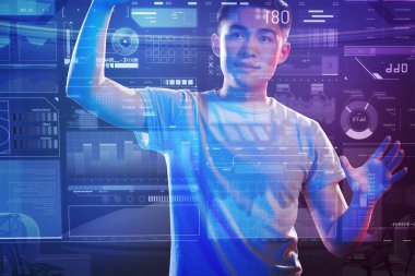 Onun çalışma zevk ve şeffaf ekran dokunaklı Akıllı programcı