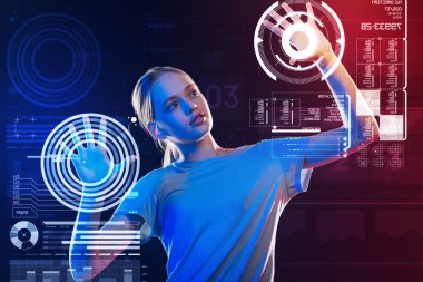 Yuvarlak simgeler dokunmaktan ve ekrana bakarak akıllı öğrenci