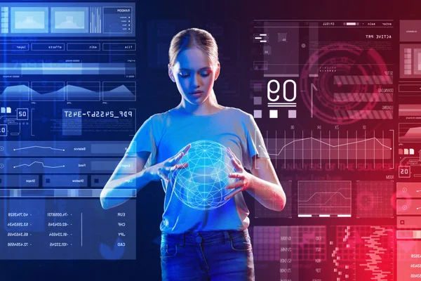 Dünya'nın bir 3d görüntü tutarak sakin seyir dikkatli kız