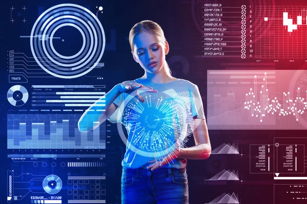 Meraklı öğrenci onun Projesi'nde çalışırken yuvarlak bir hologram holding