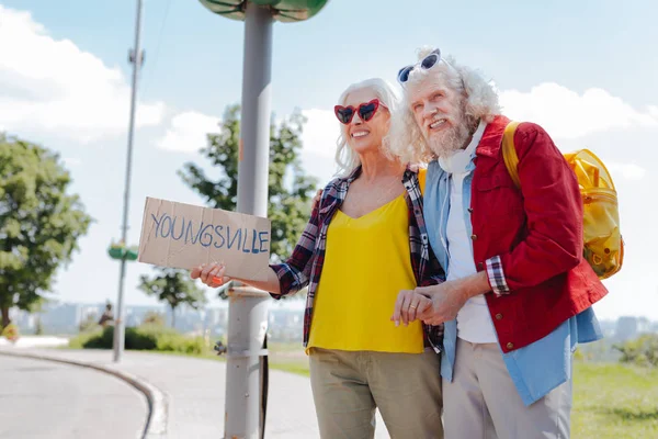 Feliz pareja de ancianos autostop —  Fotos de Stock