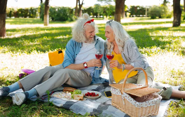 Encantada pareja agradable tener un picnic romántico —  Fotos de Stock