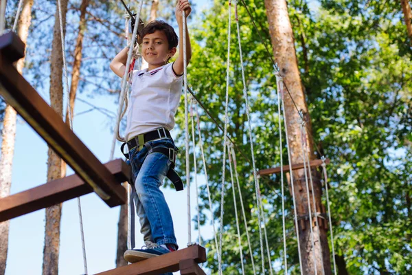 Cheerful preteen boy posing on swing at rope park — Stock Photo, Image
