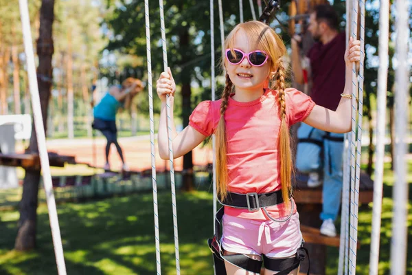 Having Acrophobia Cheerful Little Girl Gripping Tightly Ropes Being Scared — Stock Photo, Image