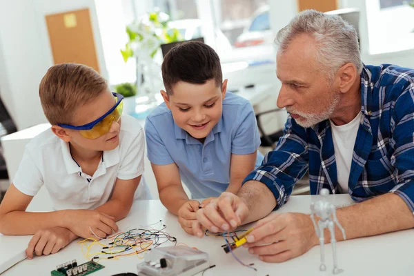 Modern Electronics Happy Curious Children Listening Grandfather While Learning New — Stock Photo, Image