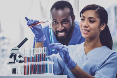 Akıllı biyologlar. İki usta umut verici biyologlar sıvı test tüpleri ile birlikte çalışan akıllı