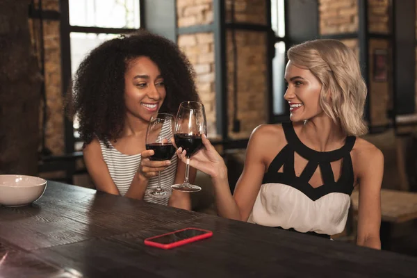 Vackra kvinnliga vänner att göra toast när man dricker vin — Stockfoto