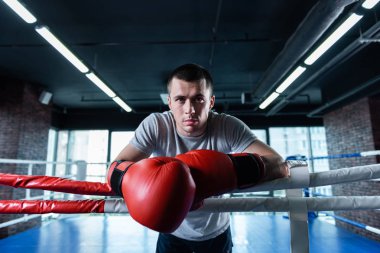Yakışıklı güçlü atletik adam sert eğitim boks ringi üzerinde