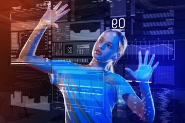 Alışılmadık bir aygıt kullanırken ekrandaki iki el koyarak meraklı kız