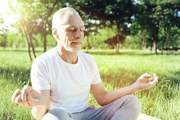 Ruhige Rentnerin lächelt beim Meditieren — Stockfoto