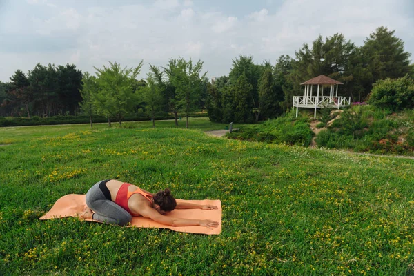 Mulher magra saudável terminando seu tutorial de ioga com alongamento — Fotografia de Stock