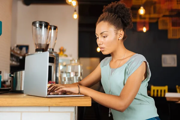 Beautiful curly freelancer working hard using her laptop — Stock Photo, Image