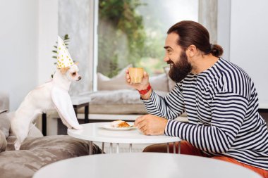 Sütlü kahve içme ve onun evde beslenen hayvan vasıl seyir siyah saçlı adam