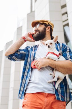 Küçük beyaz bir köpek ile şehir yürüyen esmer adam