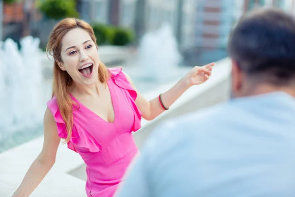 Joyful delighted woman being with her boyfriend — Stock Photo, Image