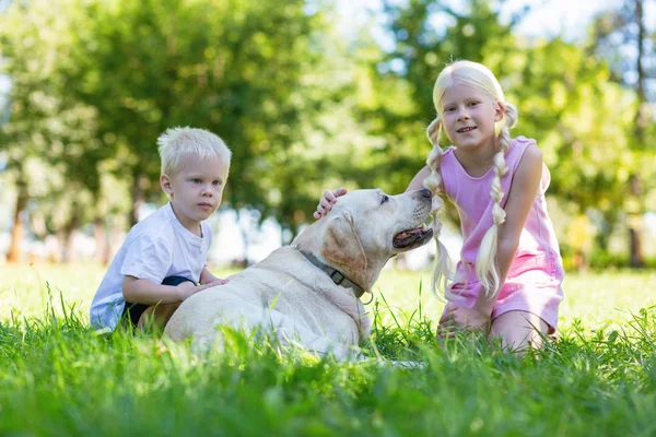 Écolière et un petit garçon jouant avec un chien — Photo